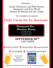 Join us on Sept 30th at Narragansett Brewery in support of Cindy Coyne for Lt. Governor!