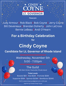Join us to support Cindy Coyne for Lt. Governor on Nov 5th at the Guild in Pawtucket!