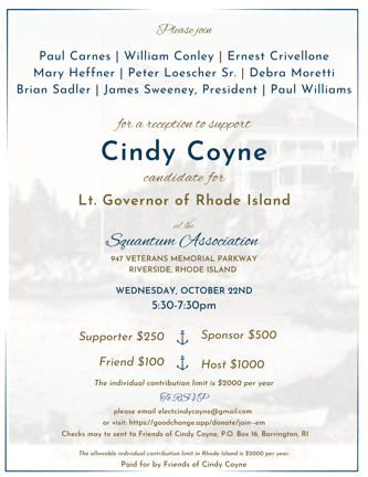 Join us on Oct 22nd in support of Cindy Coyne for Lt. Governor!